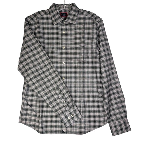 UNTUCKit Mens Brushed Flannel Shirt Large Plaid Green Gray Slim Fit - Picture 1 of 11